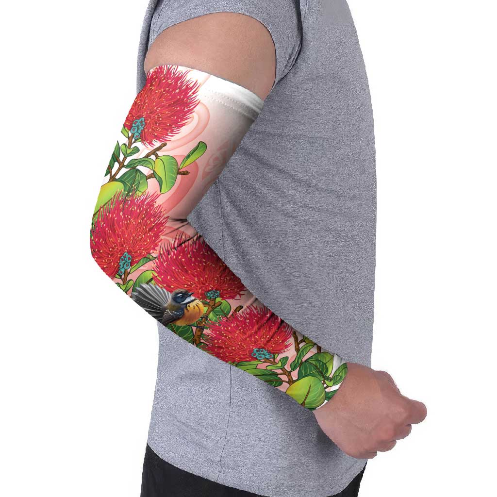 New Zealand Fantail Arm Sleeves Maori Koru With Pohutukawa Flowers - Aussie Hoodie