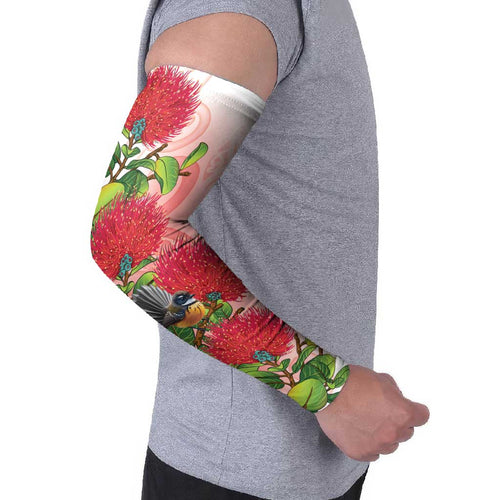 New Zealand Fantail Arm Sleeves Maori Koru With Pohutukawa Flowers - Aussie Hoodie