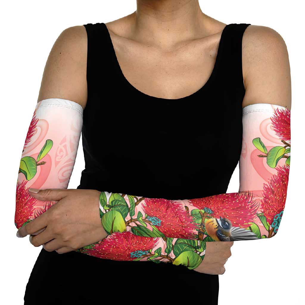 New Zealand Fantail Arm Sleeves Maori Koru With Pohutukawa Flowers - Aussie Hoodie