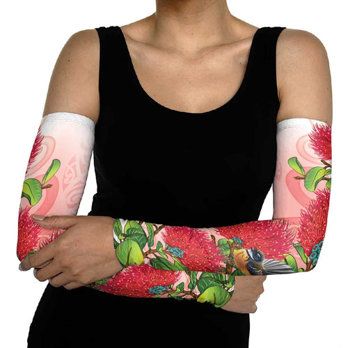 New Zealand Fantail Arm Sleeves Maori Koru With Pohutukawa Flowers - Aussie Hoodie