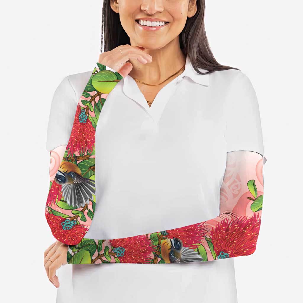 New Zealand Fantail Arm Sleeves Maori Koru With Pohutukawa Flowers - Aussie Hoodie