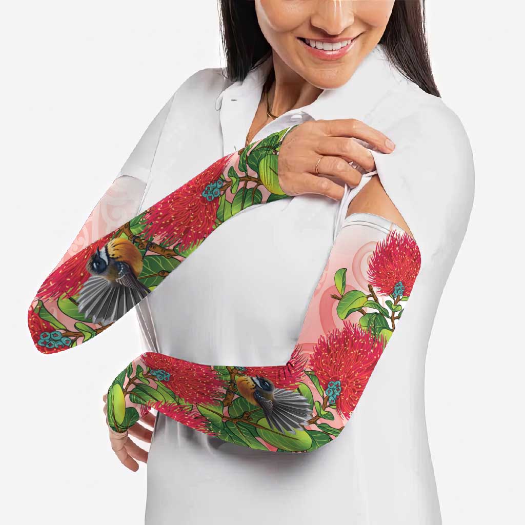 New Zealand Fantail Arm Sleeves Maori Koru With Pohutukawa Flowers - Aussie Hoodie