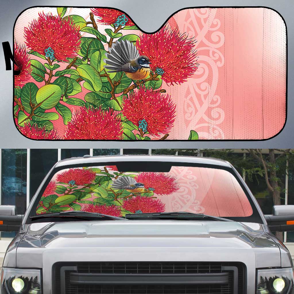 New Zealand Fantail Auto Sun Shade Maori Koru With Pohutukawa Flowers - Aussie Hoodie