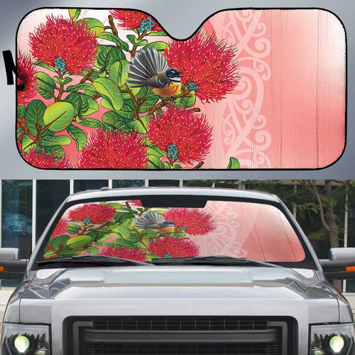 New Zealand Fantail Auto Sun Shade Maori Koru With Pohutukawa Flowers - Aussie Hoodie