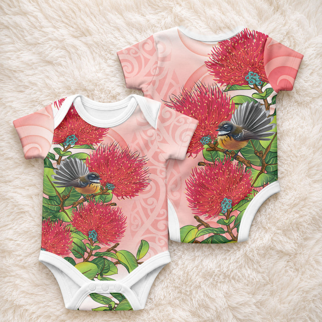 New Zealand Fantail Baby Onesie Maori Koru With Pohutukawa Flowers