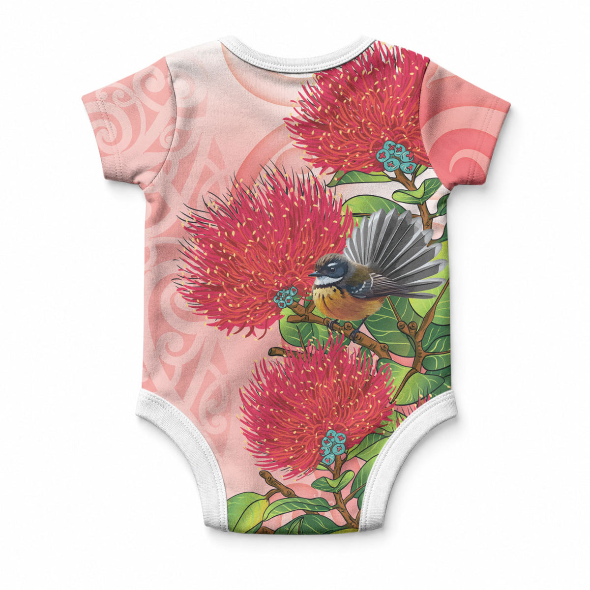 New Zealand Fantail Baby Onesie Maori Koru With Pohutukawa Flowers