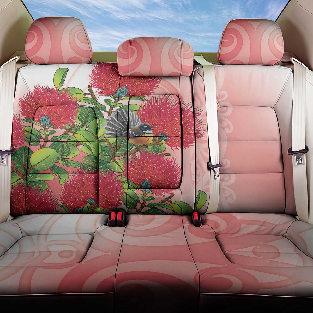 New Zealand Fantail Back Car Seat Cover Maori Koru With Pohutukawa Flowers - Aussie Hoodie