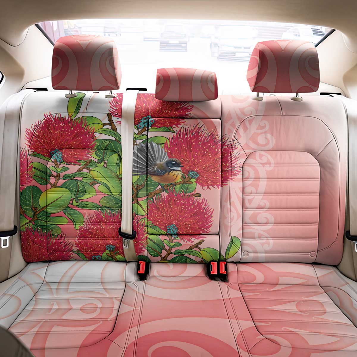 New Zealand Fantail Back Car Seat Cover Maori Koru With Pohutukawa Flowers - Aussie Hoodie