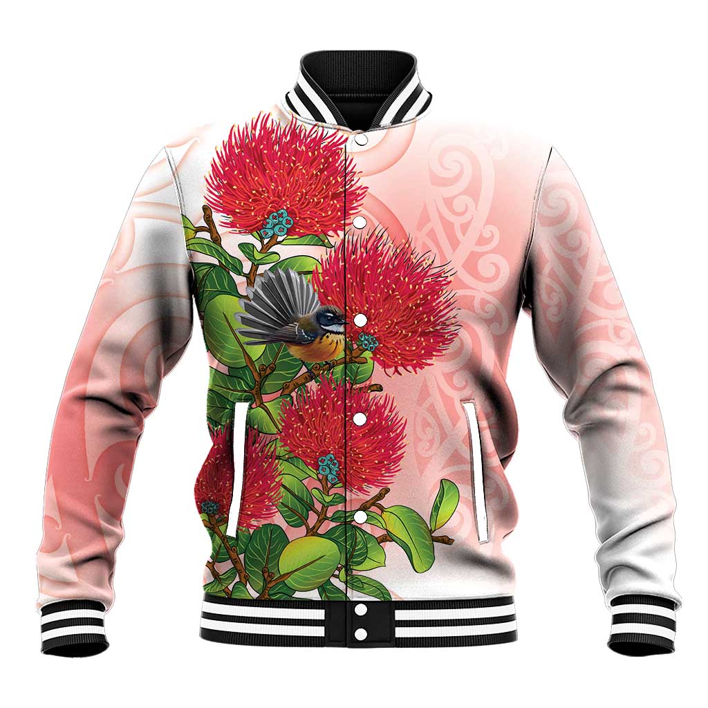 New Zealand Fantail Baseball Jacket Maori Koru With Pohutukawa Flowers - Aussie Hoodie