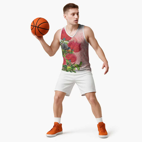 New Zealand Fantail Basketball Jersey Maori Koru With Pohutukawa Flowers - Aussie Hoodie
