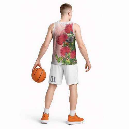 New Zealand Fantail Basketball Jersey Maori Koru With Pohutukawa Flowers - Aussie Hoodie