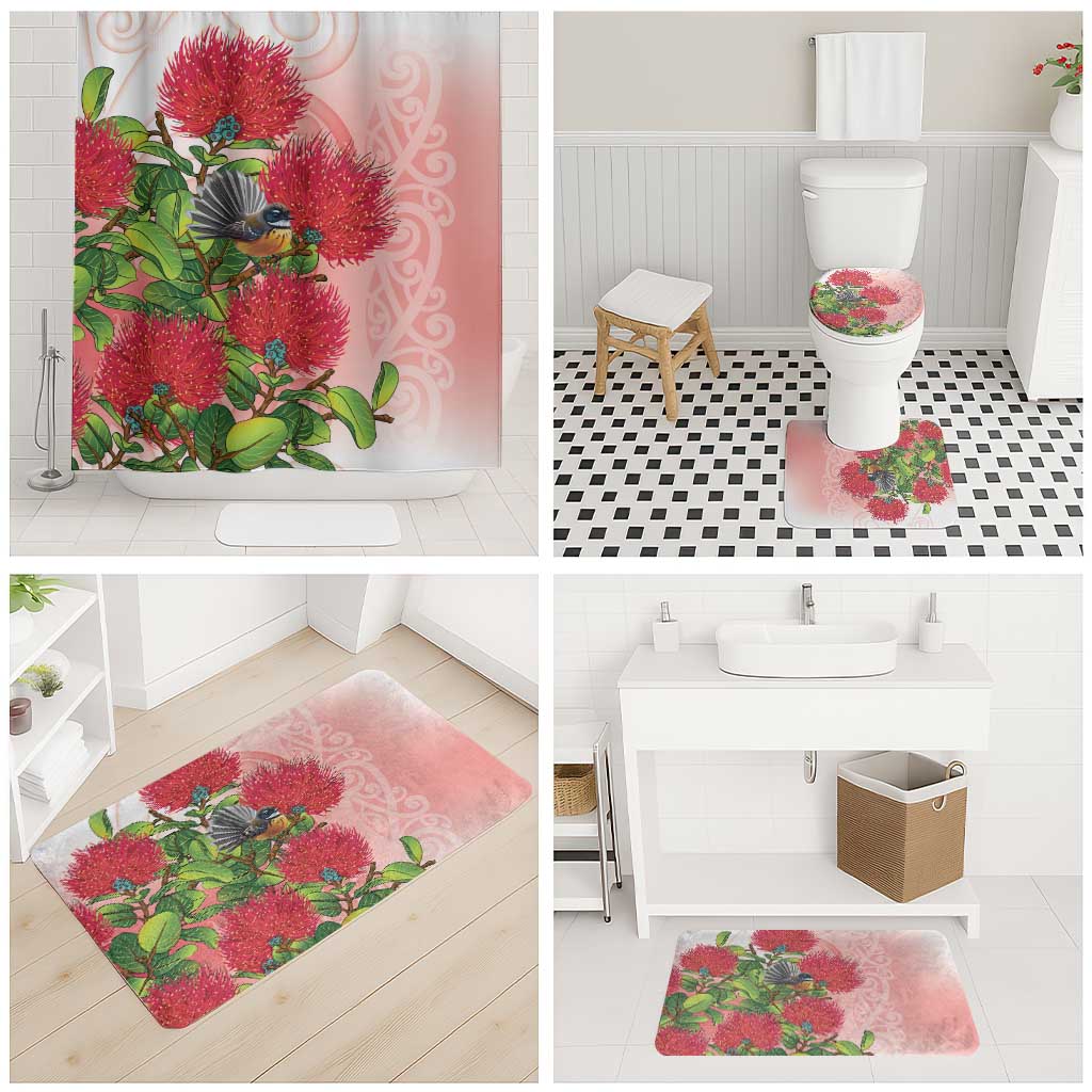 New Zealand Fantail Bathroom Set Maori Koru With Pohutukawa Flowers - Aussie Hoodie