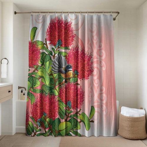 New Zealand Fantail Bathroom Set Maori Koru With Pohutukawa Flowers - Aussie Hoodie