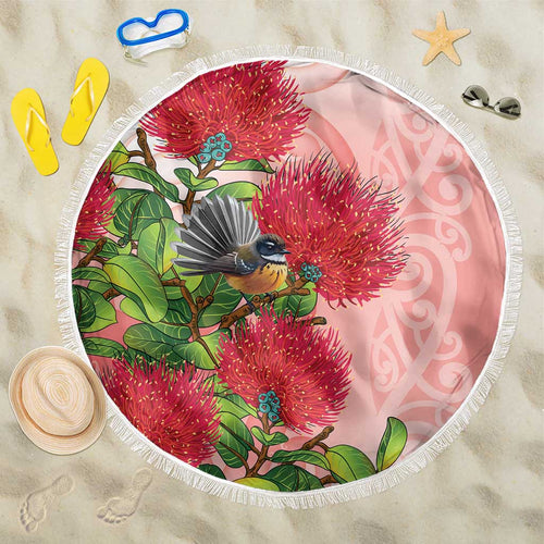 New Zealand Fantail Beach Blanket Maori Koru With Pohutukawa Flowers - Aussie Hoodie