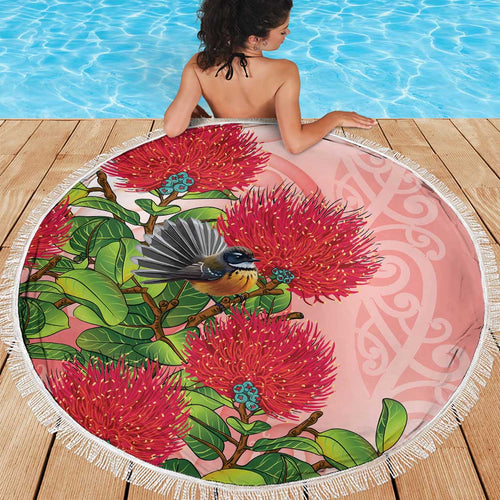 New Zealand Fantail Beach Blanket Maori Koru With Pohutukawa Flowers - Aussie Hoodie
