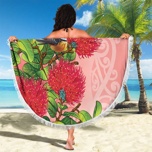 New Zealand Fantail Beach Blanket Maori Koru With Pohutukawa Flowers - Aussie Hoodie