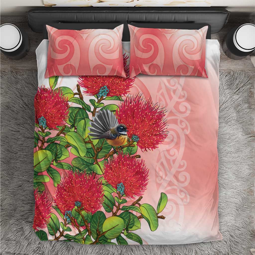 New Zealand Fantail Bedding Set Maori Koru With Pohutukawa Flowers - Aussie Hoodie