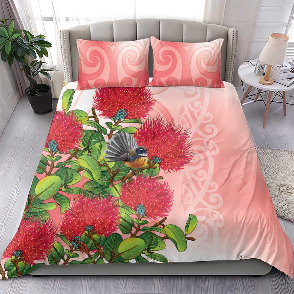 New Zealand Fantail Bedding Set Maori Koru With Pohutukawa Flowers - Aussie Hoodie