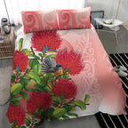 New Zealand Fantail Bedding Set Maori Koru With Pohutukawa Flowers - Aussie Hoodie