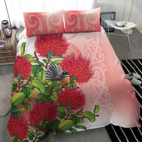 New Zealand Fantail Bedding Set Maori Koru With Pohutukawa Flowers - Aussie Hoodie