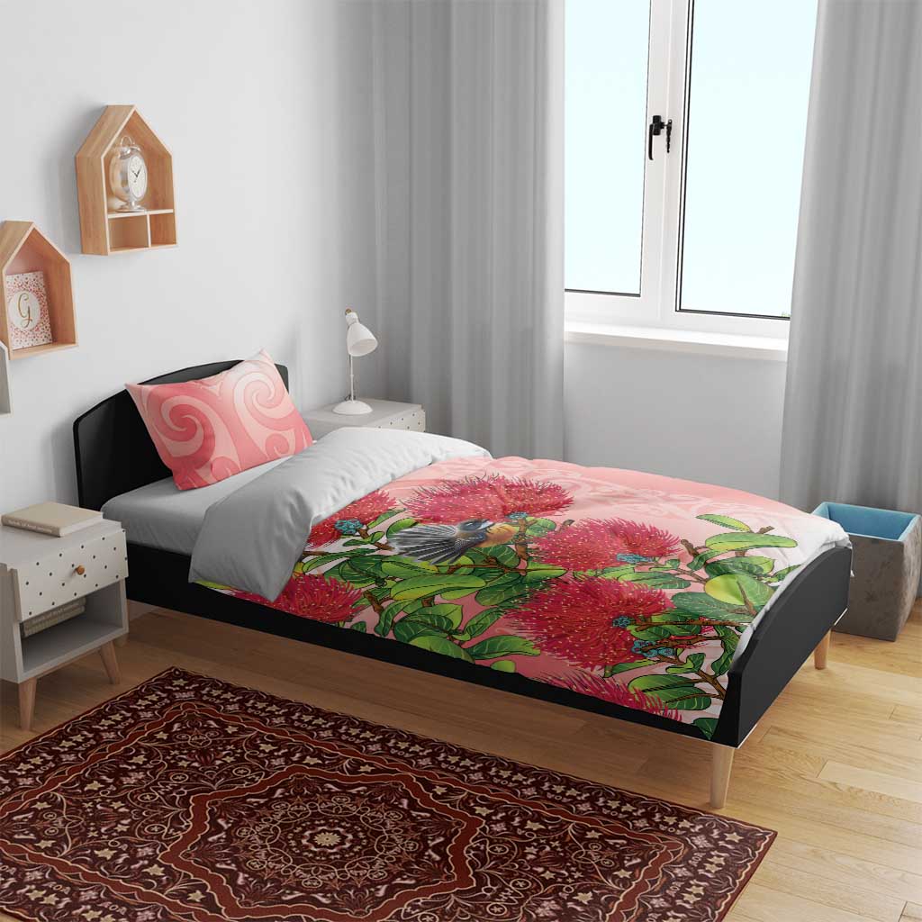 New Zealand Fantail Bedding Set Maori Koru With Pohutukawa Flowers - Aussie Hoodie
