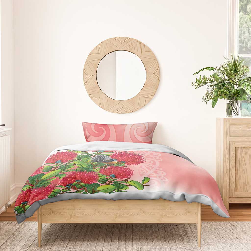 New Zealand Fantail Bedding Set Maori Koru With Pohutukawa Flowers - Aussie Hoodie