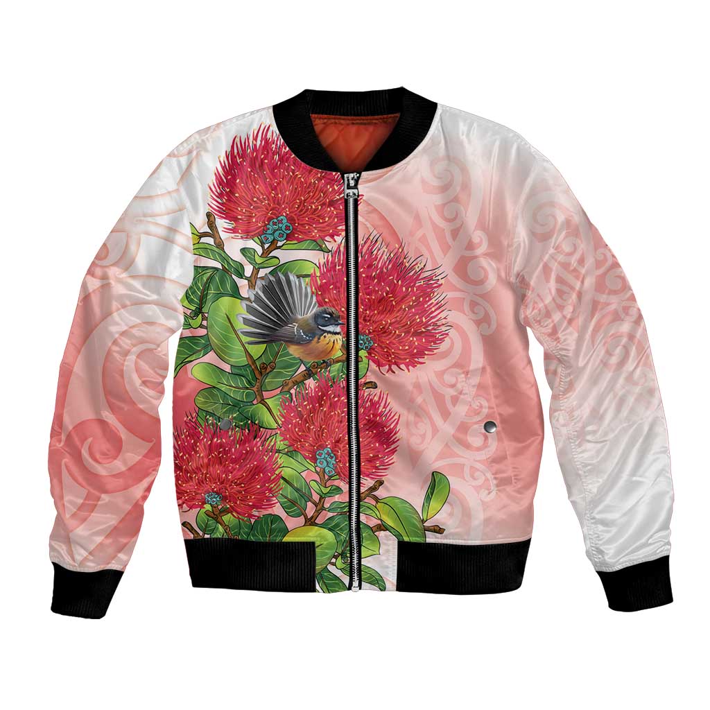 New Zealand Fantail Bomber Jacket Maori Koru With Pohutukawa Flowers - Aussie Hoodie