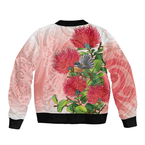 New Zealand Fantail Bomber Jacket Maori Koru With Pohutukawa Flowers - Aussie Hoodie