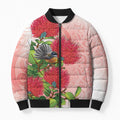 New Zealand Fantail Bomber Puffer Jacket Maori Koru With Pohutukawa Flowers - Aussie Hoodie