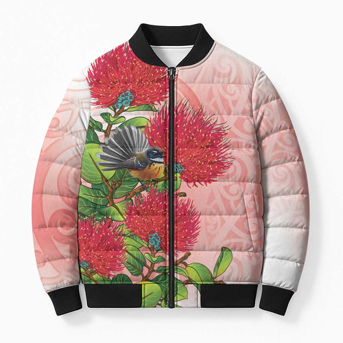 New Zealand Fantail Bomber Puffer Jacket Maori Koru With Pohutukawa Flowers - Aussie Hoodie