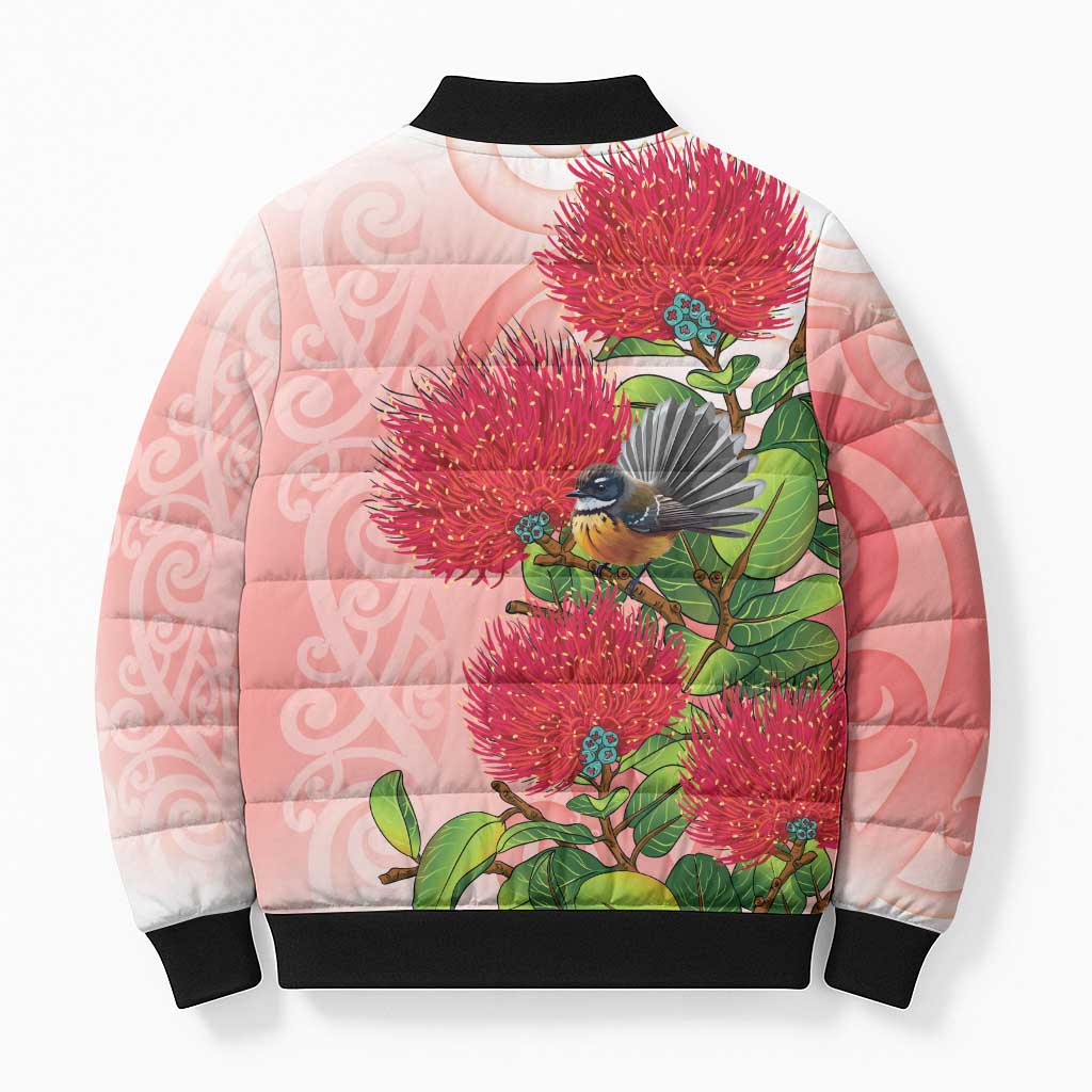 New Zealand Fantail Bomber Puffer Jacket Maori Koru With Pohutukawa Flowers - Aussie Hoodie