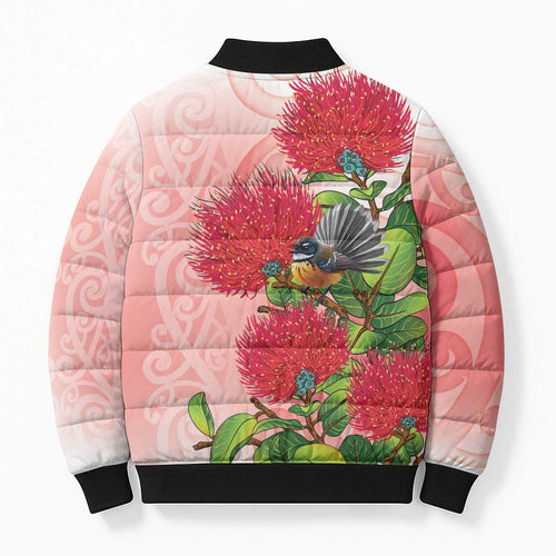 New Zealand Fantail Bomber Puffer Jacket Maori Koru With Pohutukawa Flowers - Aussie Hoodie