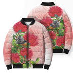 New Zealand Fantail Bomber Puffer Jacket Maori Koru With Pohutukawa Flowers - Aussie Hoodie