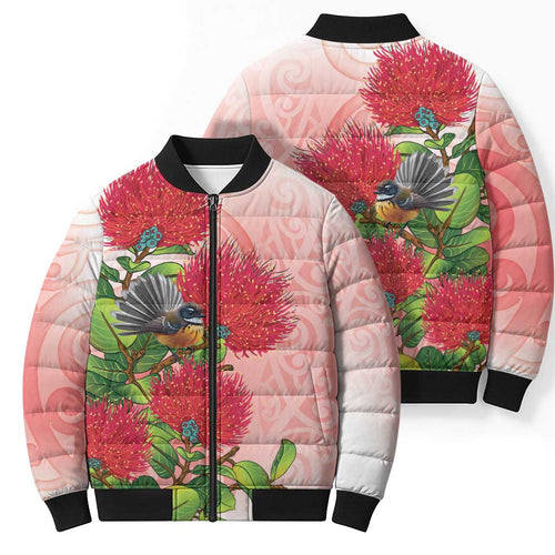 New Zealand Fantail Bomber Puffer Jacket Maori Koru With Pohutukawa Flowers - Aussie Hoodie
