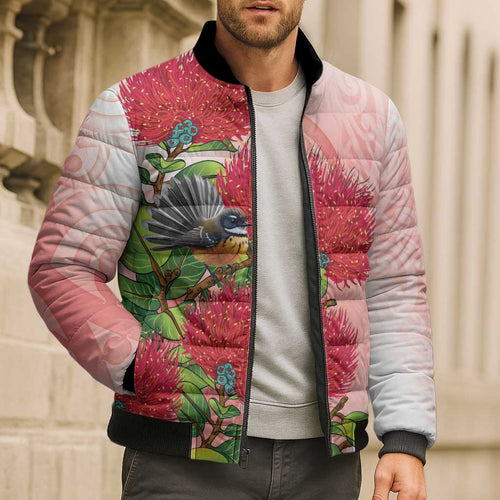 New Zealand Fantail Bomber Puffer Jacket Maori Koru With Pohutukawa Flowers - Aussie Hoodie