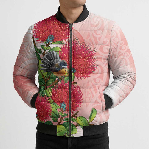 New Zealand Fantail Bomber Puffer Jacket Maori Koru With Pohutukawa Flowers - Aussie Hoodie
