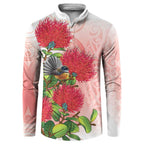 New Zealand Fantail Button Sweatshirt Maori Koru With Pohutukawa Flowers - Aussie Hoodie