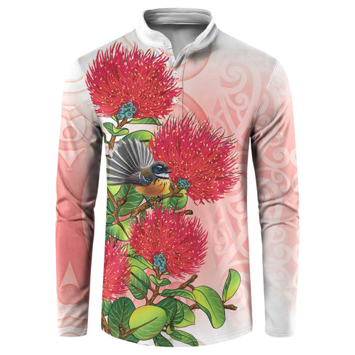 New Zealand Fantail Button Sweatshirt Maori Koru With Pohutukawa Flowers - Aussie Hoodie
