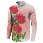 New Zealand Fantail Button Sweatshirt Maori Koru With Pohutukawa Flowers - Aussie Hoodie