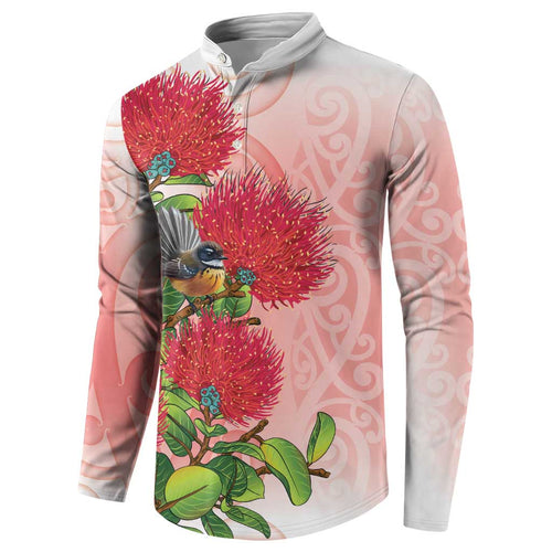 New Zealand Fantail Button Sweatshirt Maori Koru With Pohutukawa Flowers - Aussie Hoodie