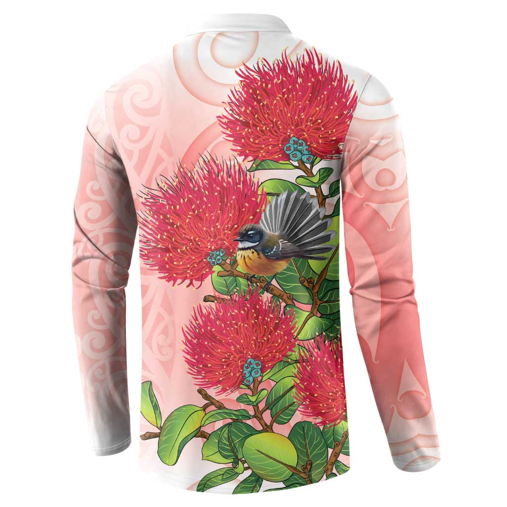 New Zealand Fantail Button Sweatshirt Maori Koru With Pohutukawa Flowers - Aussie Hoodie