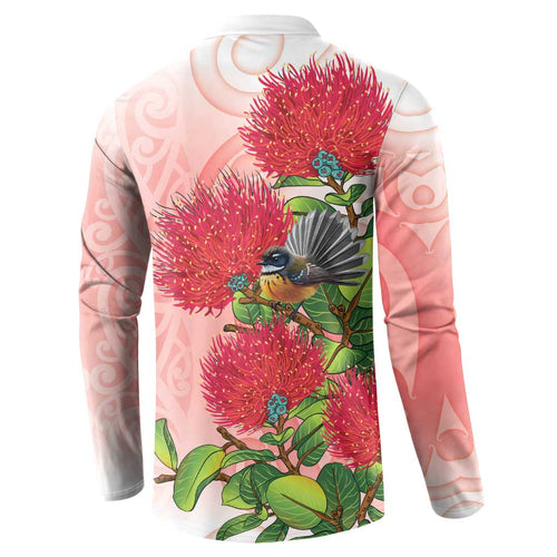 New Zealand Fantail Button Sweatshirt Maori Koru With Pohutukawa Flowers - Aussie Hoodie