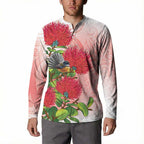 New Zealand Fantail Button Sweatshirt Maori Koru With Pohutukawa Flowers - Aussie Hoodie