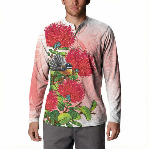 New Zealand Fantail Button Sweatshirt Maori Koru With Pohutukawa Flowers - Aussie Hoodie