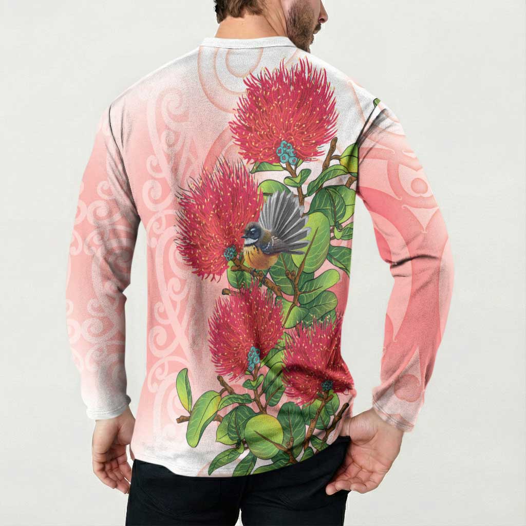 New Zealand Fantail Button Sweatshirt Maori Koru With Pohutukawa Flowers - Aussie Hoodie