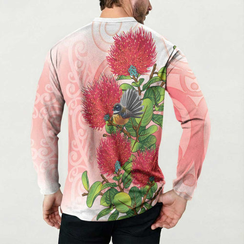 New Zealand Fantail Button Sweatshirt Maori Koru With Pohutukawa Flowers - Aussie Hoodie