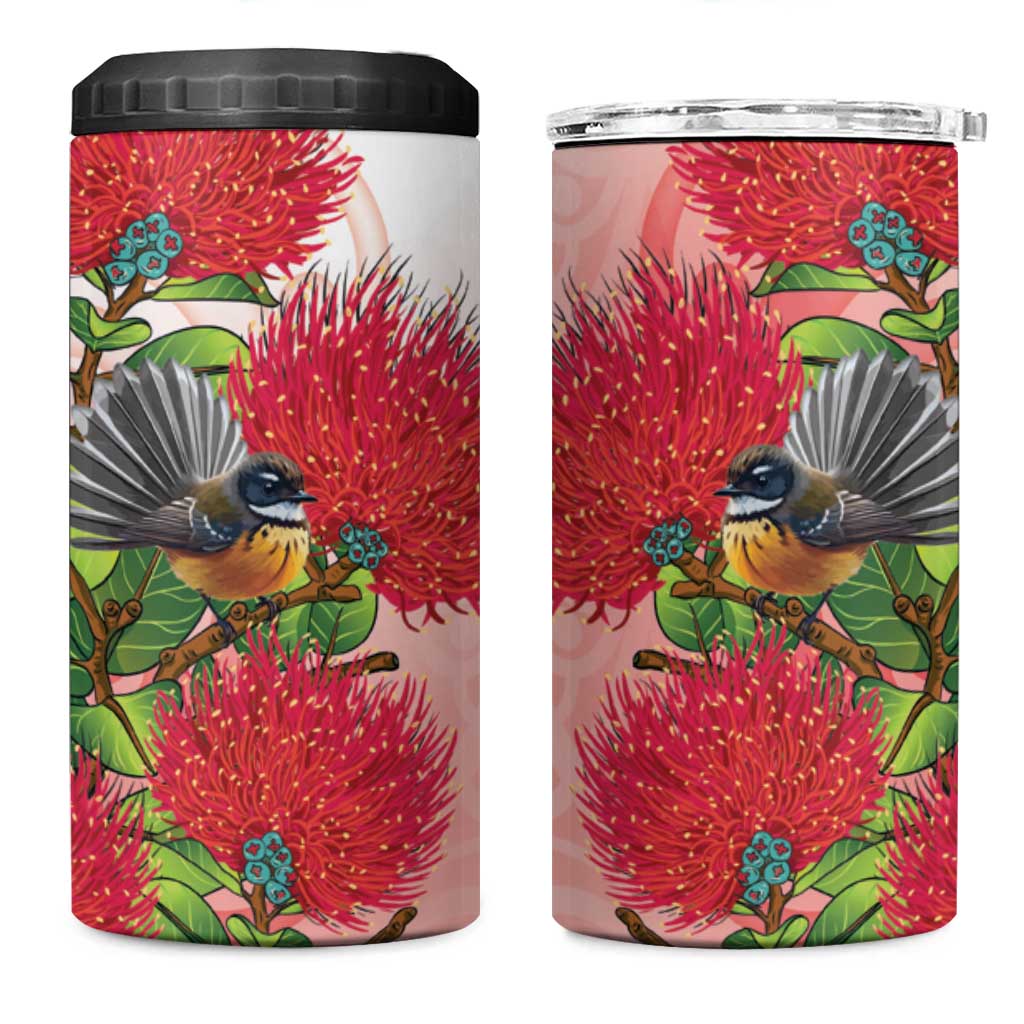 New Zealand Fantail 4 in 1 Can Cooler Tumbler Maori Koru With Pohutukawa Flowers - Aussie Hoodie