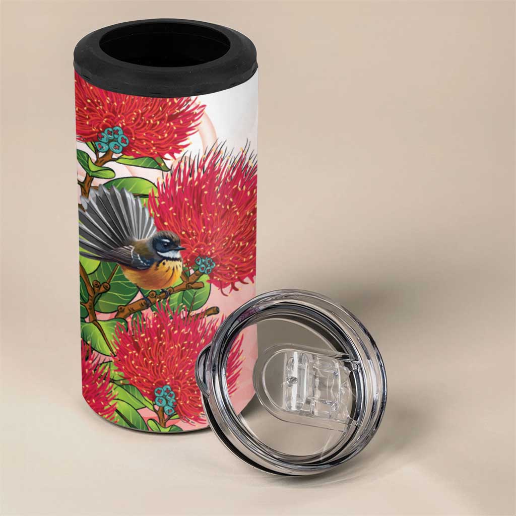 New Zealand Fantail 4 in 1 Can Cooler Tumbler Maori Koru With Pohutukawa Flowers - Aussie Hoodie