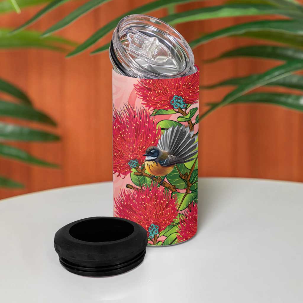 New Zealand Fantail 4 in 1 Can Cooler Tumbler Maori Koru With Pohutukawa Flowers - Aussie Hoodie