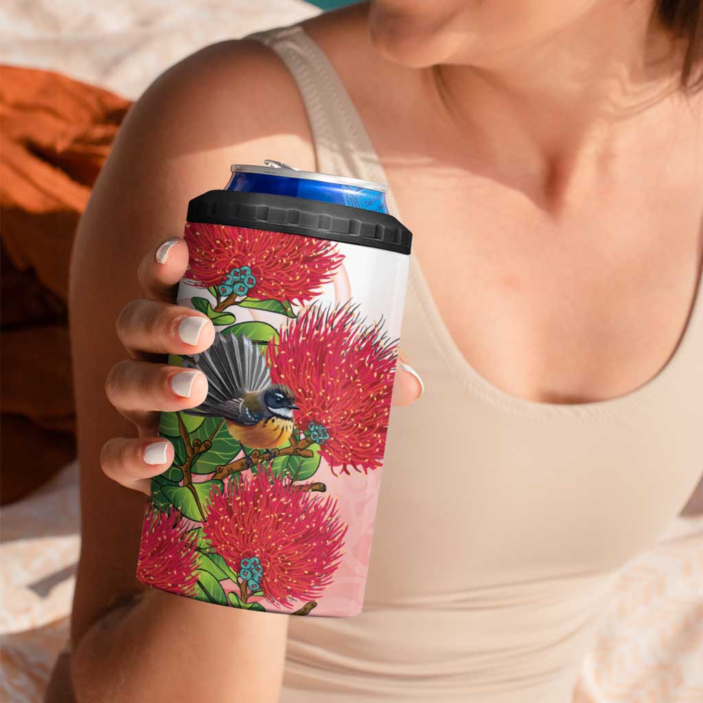 New Zealand Fantail 4 in 1 Can Cooler Tumbler Maori Koru With Pohutukawa Flowers - Aussie Hoodie